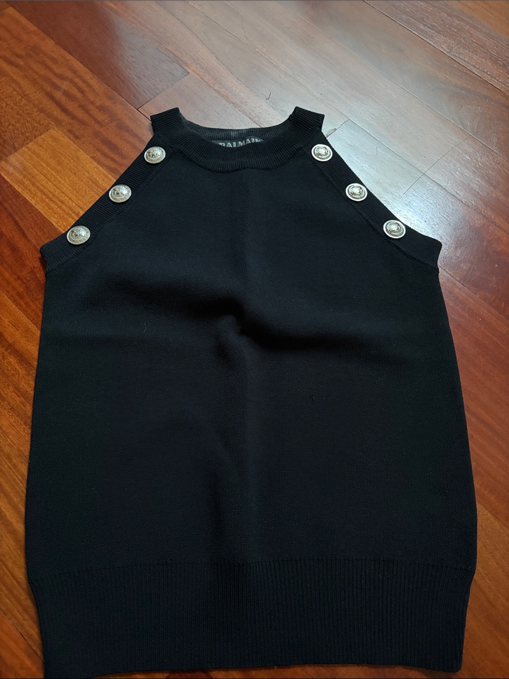 Black Sleeveless Knit Dress with Silver Button Accents -